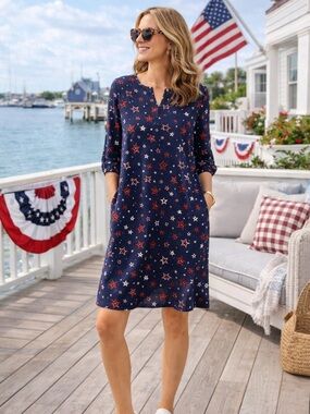 Boden Star Print Shift Dress Navy Red White Tunic 3/4 Sleeve US 4 Americana